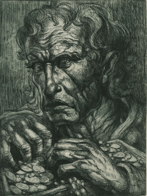 Edm. Van Dooren met een ets, de oude vrek