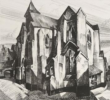 litho van Edmond Van Dooren,  Begijnhofkerkje