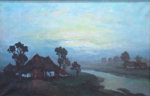 Belgische schilder Edmond Van Dooren met een schilderij