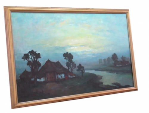 Boerderij aan de stroom bij het ochtendgloren