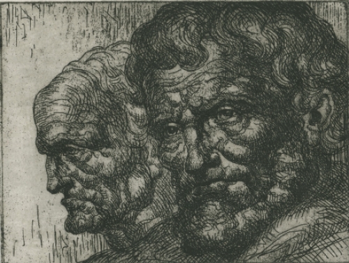 Edm. Van Dooren met een ets, karakterkoppen EA