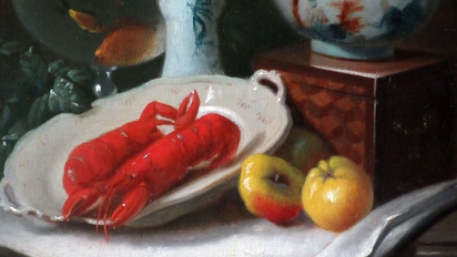 Stilleven met bloemen en kreeften 1869