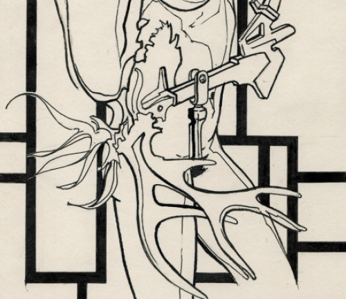 Eugène Eechaut met een tekening gemengde techniek