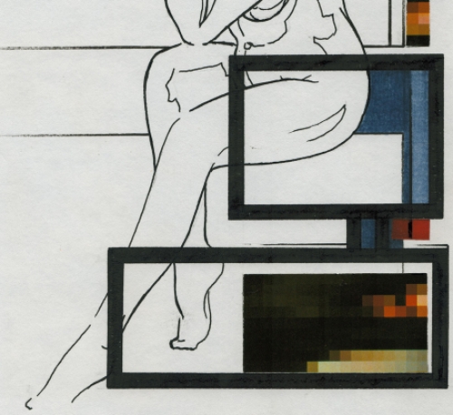 Eugène Eechaut met een tekening gemengde techniek