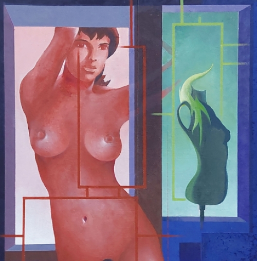 Eugène Eechaut met een olieverfschilderij