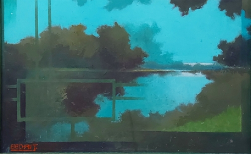 Eugène Eechaut met een olieverfschilderij