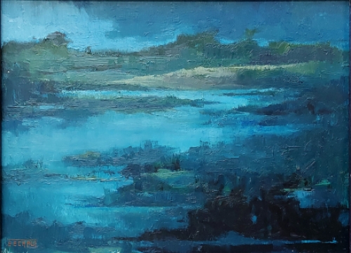 Eugène Eechaut met een landschapsschilderij uit 1975