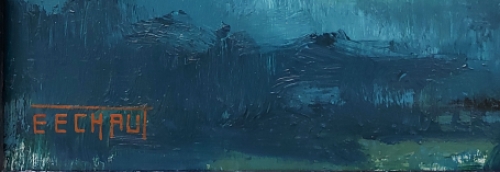 Expressionistisch landschap aan een vijver door E. Eechaut