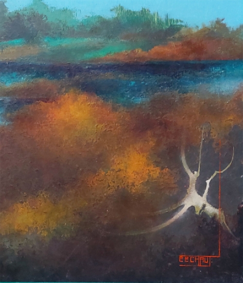 Eugène Eechaut met een olieverfschilderijtje