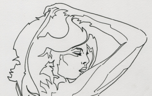 Eugène Eechaut met een tekening van naakte dames