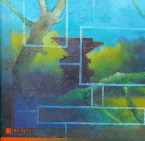 Eugène Eechaut met een landschapsschilderij