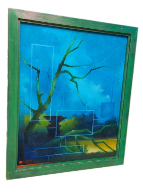 Eugène Eechaut met een kunstwerk uit 1976