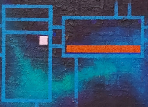 Eugène Eechaut met een schilderij, figuratief abstract