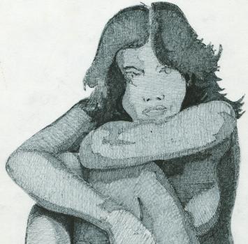 Eugène Eechaut met een tekening uit 1981