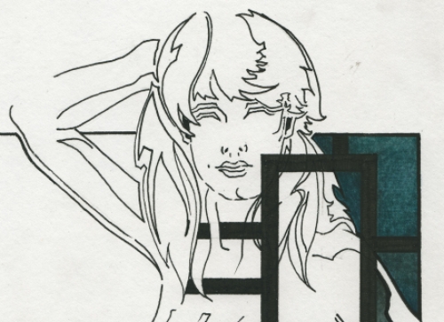 Eugène Eechaut met een tekening uit 1989