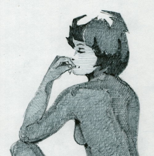 Eugène Eechaut met een tekening van naakte vrouw