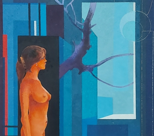 Eugène Eechaut met een schilderij van een naakte dame