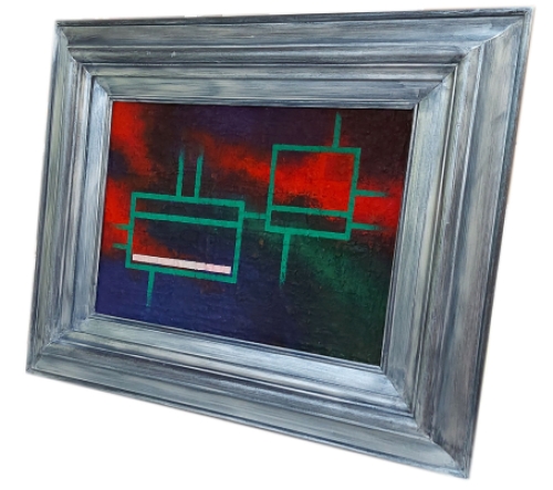 Eugène Eechaut met een schilderij, figuratief abstract