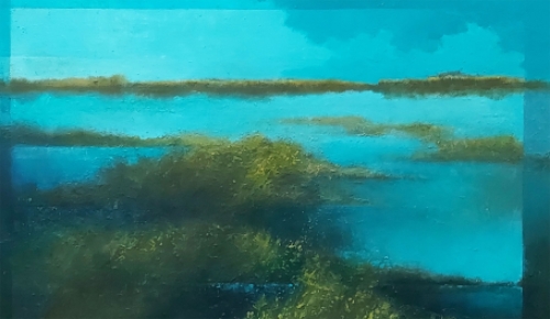 Eugène Eechaut met een surrealistisch schilderij op paneel