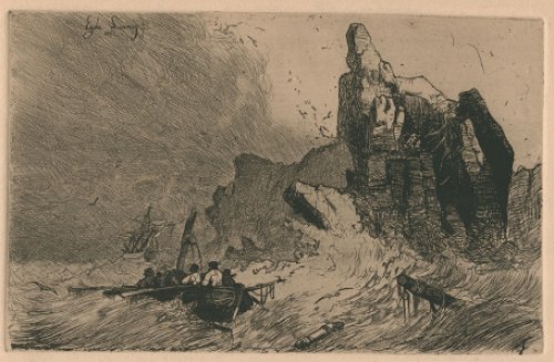 Egide  Linnig met een ets van een zeilschip 1842