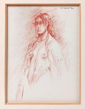 Kunstenaar Emiel Foubert met een rode krijt tekening