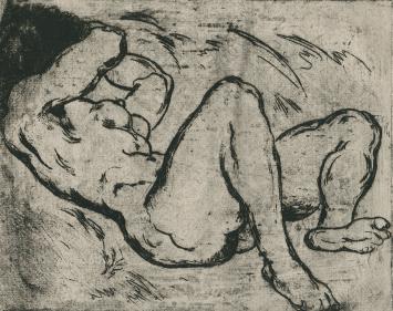 Gesigneerde ets van Emile Baes, naakte dame