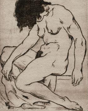 Gesigneerde ets van Emile Baes