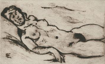 Gesigneerde ets van Emile Baes, naakte vrouw