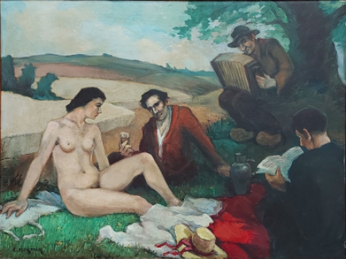 De Belgische schilder Emile Mortier met een groot schilderij