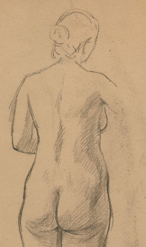 Emile Rommelaere met een naaktstudie op papier