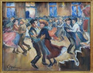 Emile Thysebaert met een schilderij op doek