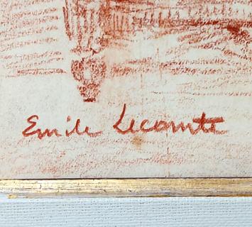 Tekening sanguine, man op stoel in kerk