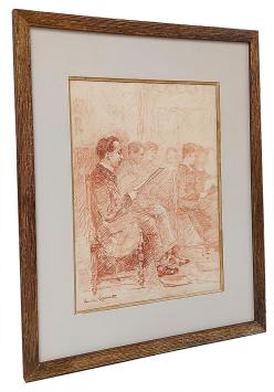 Tekening sanguine, man op stoel in kerk