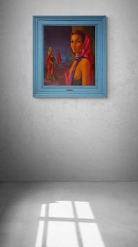 Surrealistisch schilderij met gesluierde dame
