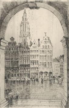 Romain Malfliet met een ets van Antwerpen