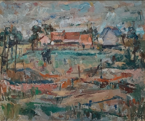 Ernest Albert met een schilderij op papier