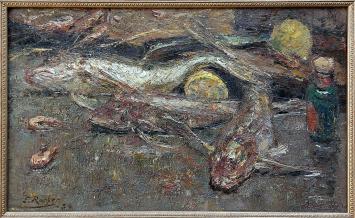 De Belgische kunstschilder Ernest Rocher met een schilderij op paneel