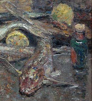 Ernest Rocher met een schilderij uit 1934