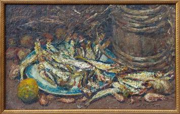 De Belgische kunstschilder Ernest Rocher met een schilderij op paneel