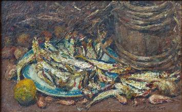 Stilleven met haring en garnalen van Ernest Rocher