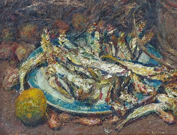 Ernest Rocher met een schilderij op paneel