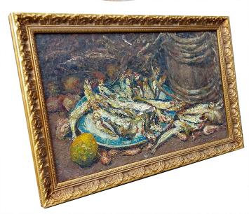 Stilleven, harington, haring, garnalen en citroen 1937