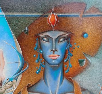 Schilderij uit 1981, surrealistisch kunstwerk op canvas