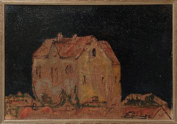 Henri Espinouze met een olieverfschilderij