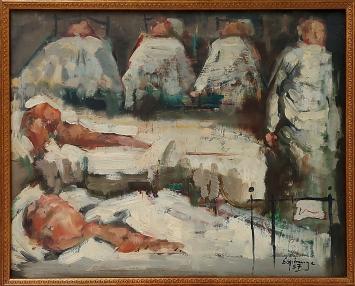 Henri Espinouze  met een olieverfschilderij