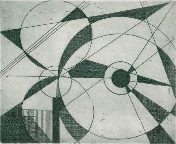 De Belgische etser Léon Smets met een abstract kunstwerkje