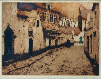 Belgische etser J. Célos met een ets van Begijnhof België