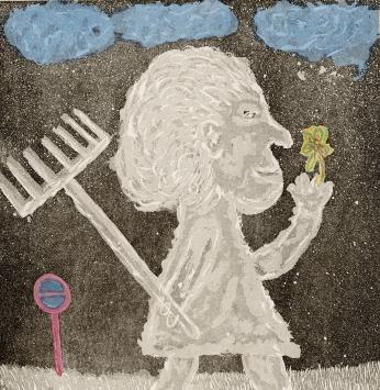 Jürgen Schneider met een kunstwerkje op papier