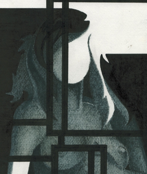 Eugène Eechaut met een tekening van een naakte staande dame