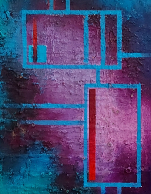 Eugène Eechaut met een schilderij, figuratief abstract